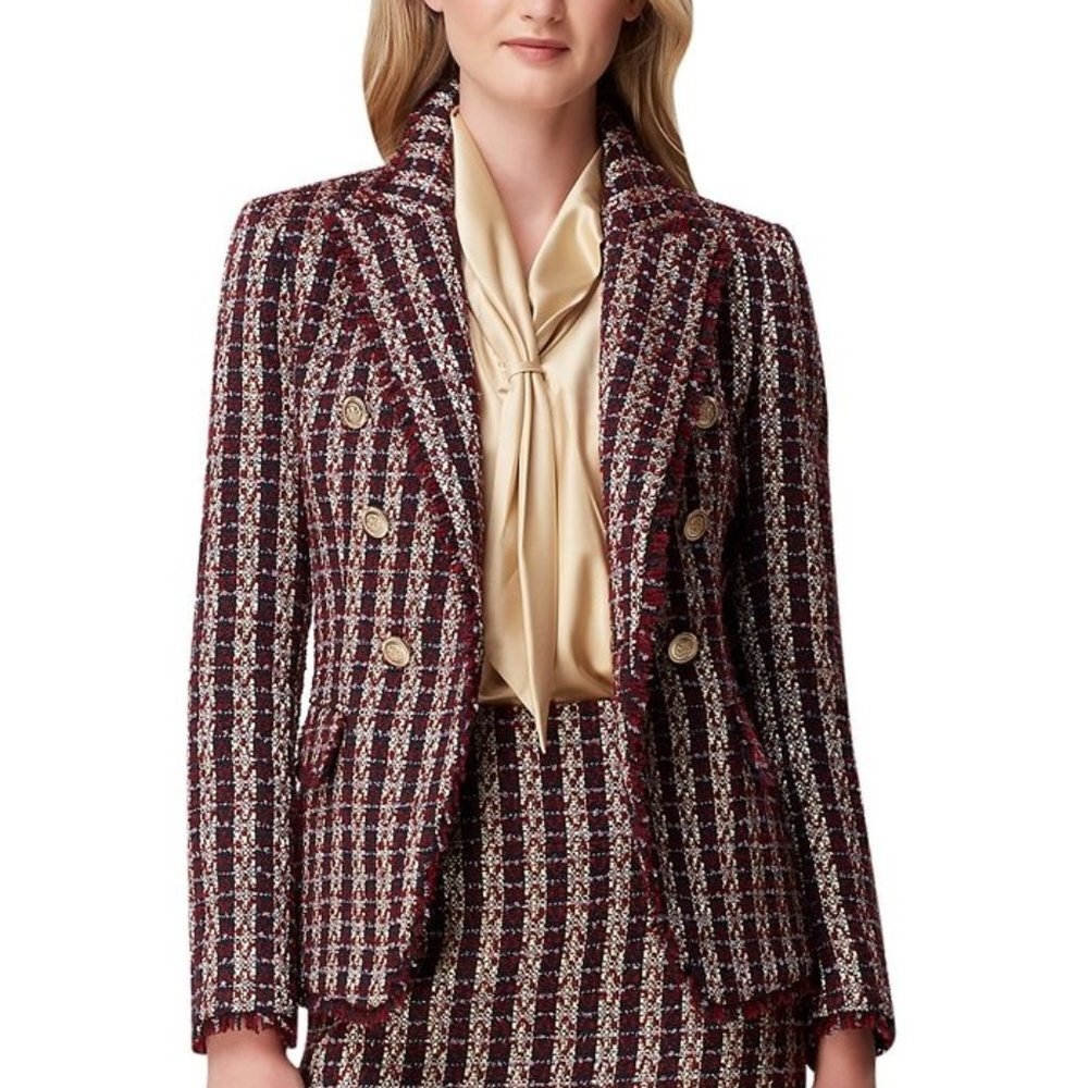 Tahari Asl Petite Tweed Double-Breasted Fringe-Trim Blazer